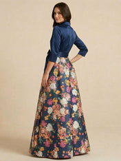Navy Blue Shirt Collar Satin Top Floral Maxi Dress with Bow Waist