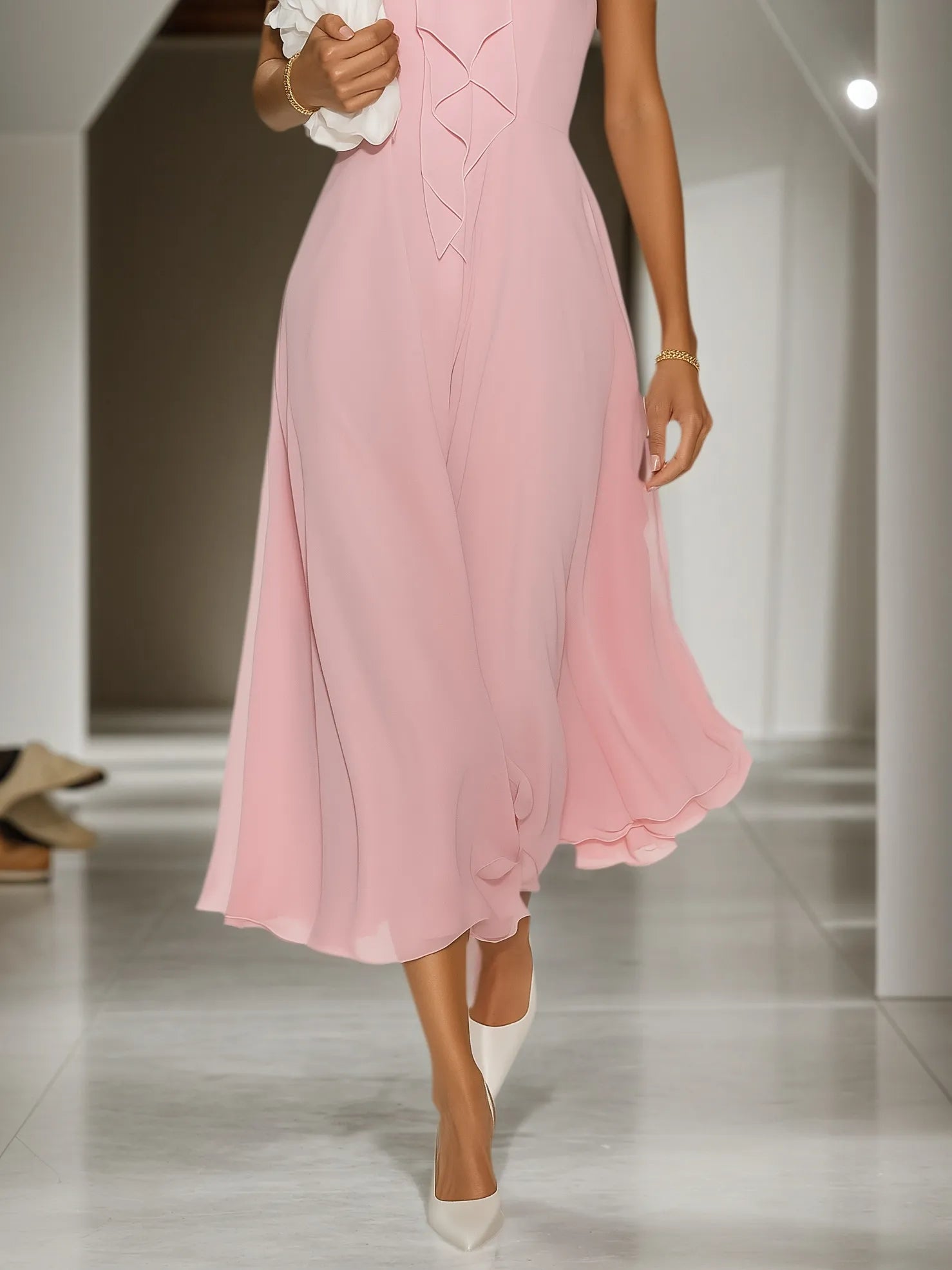 Pink Bow Peplum Chiffon Halter Sleeveless A-Line Midi Dress