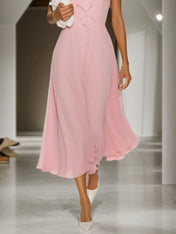 Pink Bow Peplum Chiffon Halter Sleeveless A-Line Midi Dress