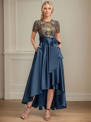 A-line Scoop Asymmetrical Satin Sequin Lace Mother of the Bride Dress With Bow