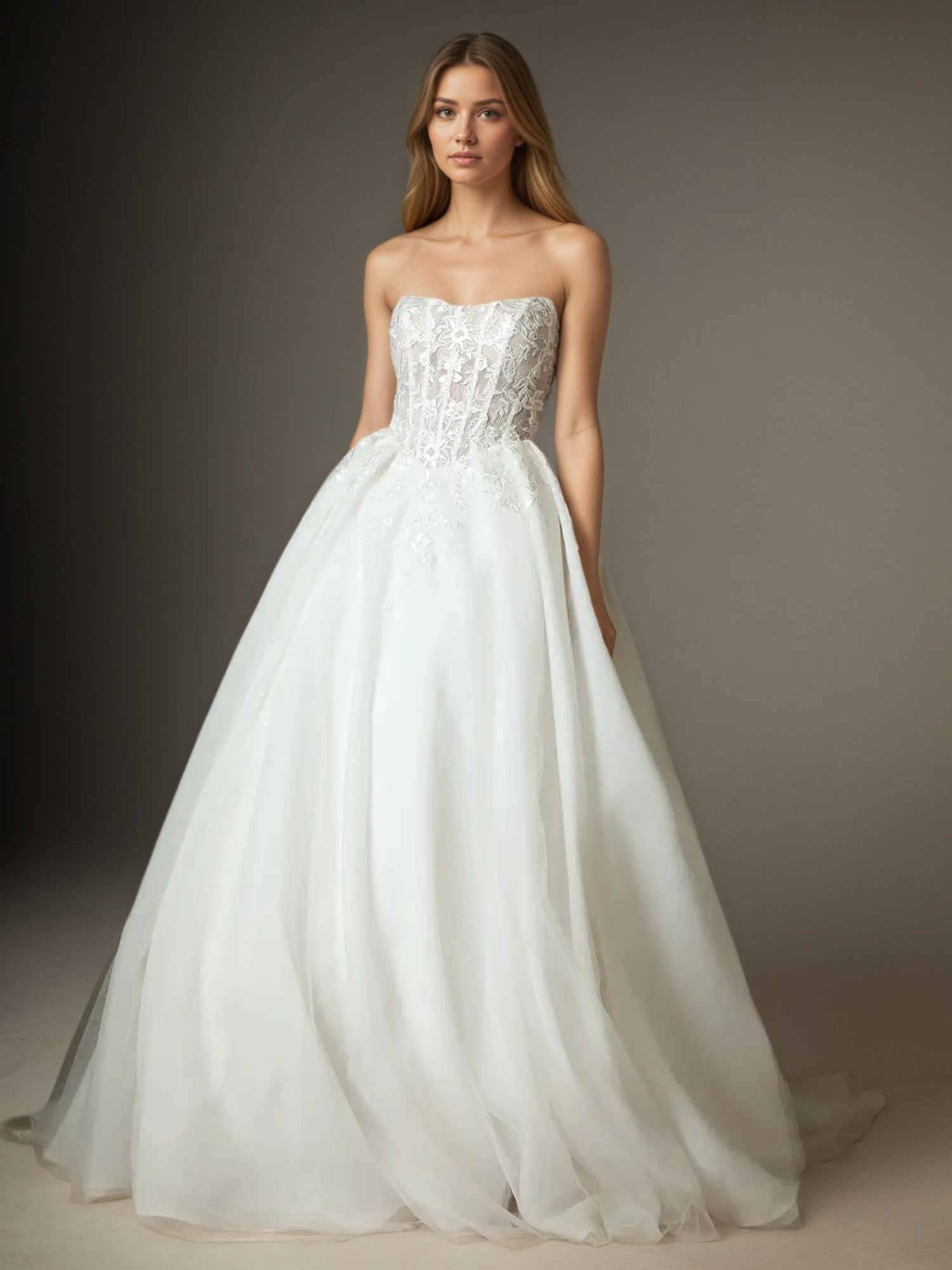 White Ball-Gown Strapless Lace Tulle Wedding Dress