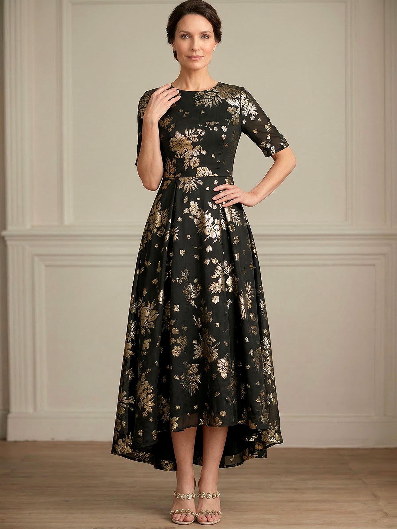 A-line Round Neck Short Sleeve Asymmetrical Jacquard Mother of the Bride Dress With Metallic Floral Print