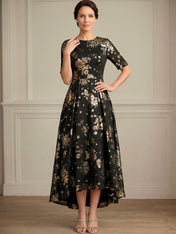 A-line Round Neck Short Sleeve Asymmetrical Jacquard Mother of the Bride Dress With Metallic Floral Print