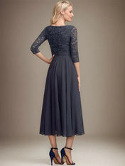 A-line Scoop Tea-Length Lace Chiffon Mother of the Bride Dress With Sequins