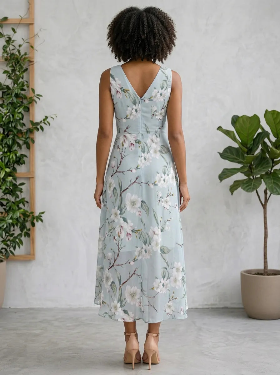 V-Neck Floral Print Ruched A-Line Midi Dress with Asymmetrical Hem