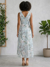 V-Neck Floral Print Ruched A-Line Midi Dress with Asymmetrical Hem
