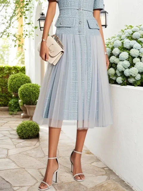 Light Blue Braided Strap Mesh Tweed Crew Neck Short Sleeve A-Line Midi Dress