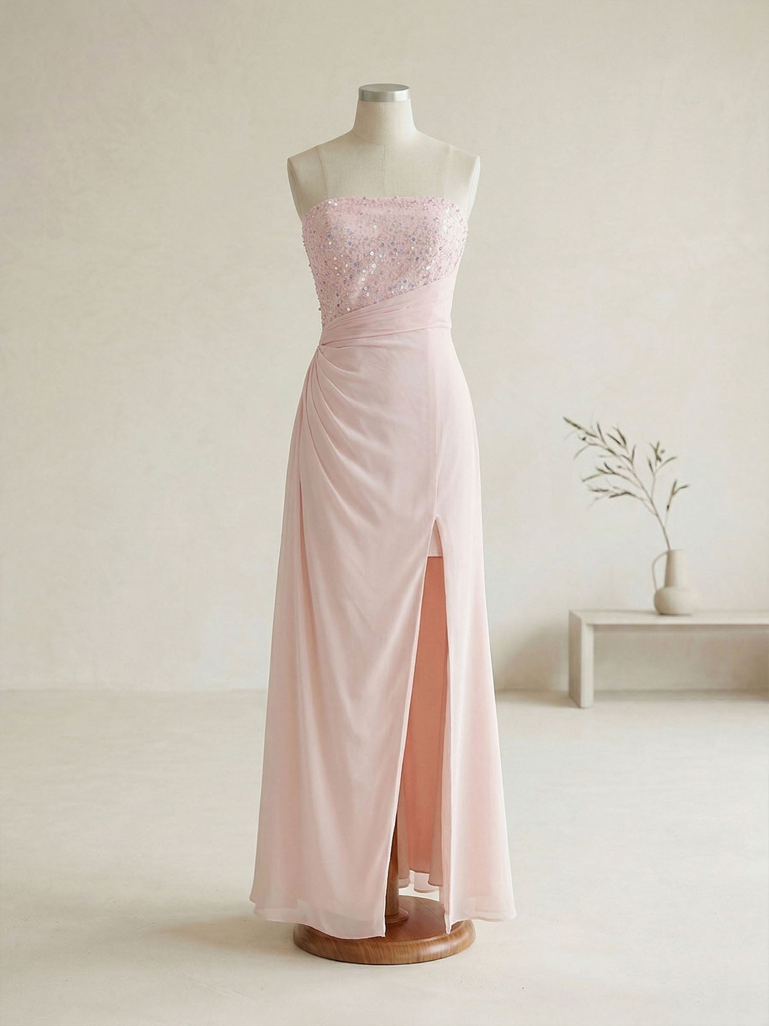 Glamorous Formal Evening Dress Soft Blush Beaded Strapless Slit Gown