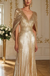 Formal Evening Fringe Dress Gold Sequin V Neck Cape Maxi Gown