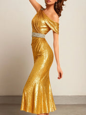 Evening Formal Dress Golden One Shoulder Sequin Midi Dress