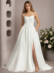 White A-Line Lace Stretch Satin Wedding Dress
