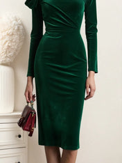 Green 3D Floral Ruched Velvet Boat Neck Long Sleeve Sheath Midi Dress