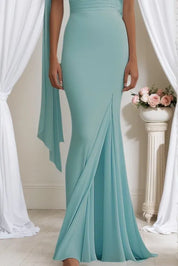 Formal Evening Dress Light Blue One Shoulder Draped Slit Floor Dress