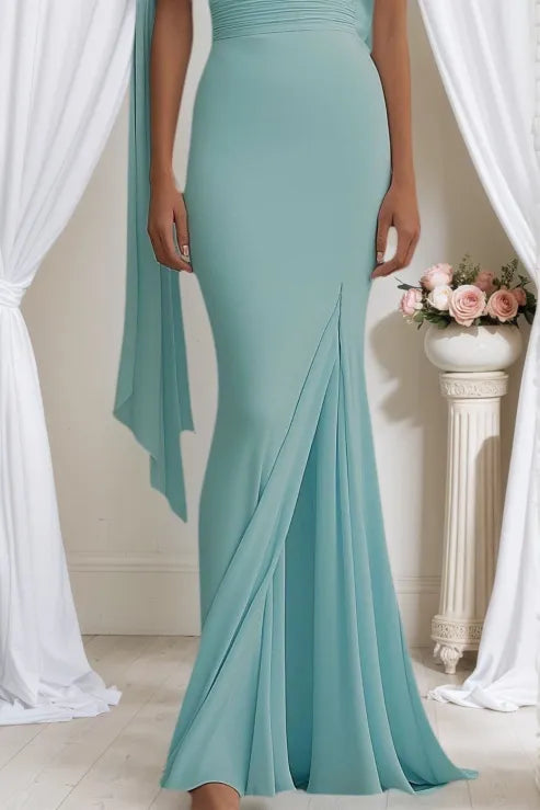 Formal Evening Dress Light Blue One Shoulder Draped Slit Floor Dress