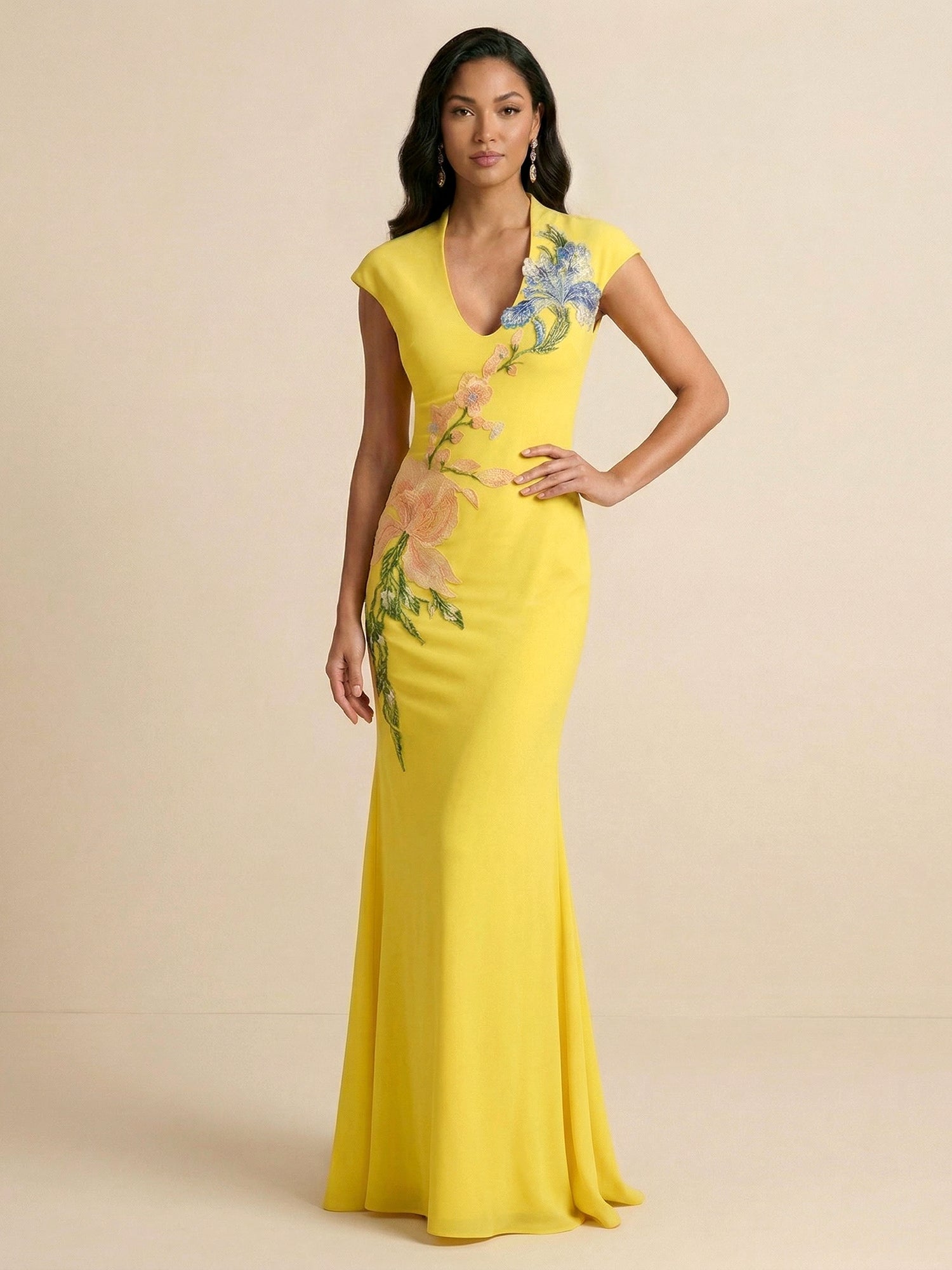 Radiant Canary Yellow Botanical Embroidered Gown Formal Evening Dress