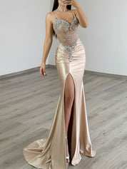 Gold Liquid Beaded Bodice Satin Prom Dress with Slit