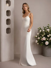 White Sheath V-Neck Chiffon Wedding Dress