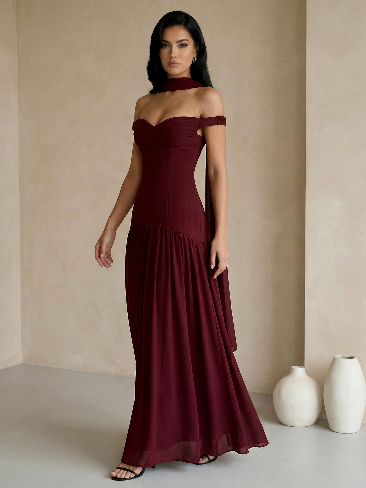 Burgundy Off the Shoulder Maxi Dresses with Scarf A Line Evening Dress