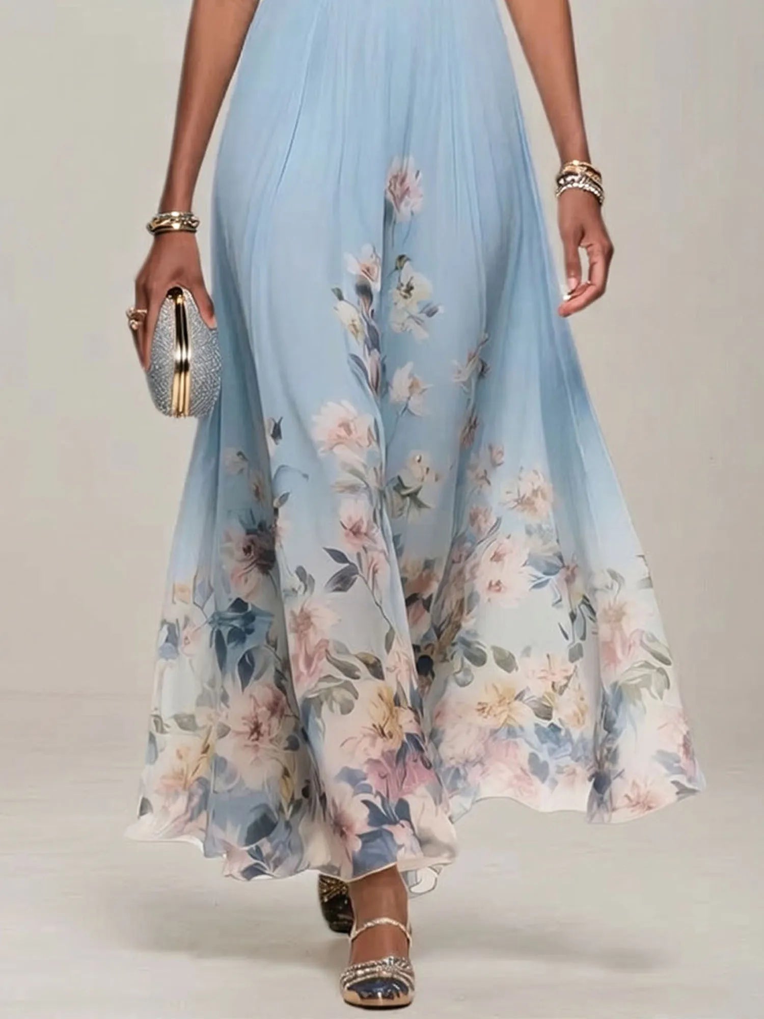 Strapless Sweetheart Neckline Floral Print Chiffon Evening Gown with Ruched Waist