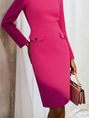 Rose Red Buckle Classic Crew Neck Long Sleeve Sheath Mini Dress
