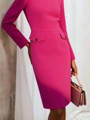 Rose Red Buckle Classic Crew Neck Long Sleeve Sheath Mini Dress