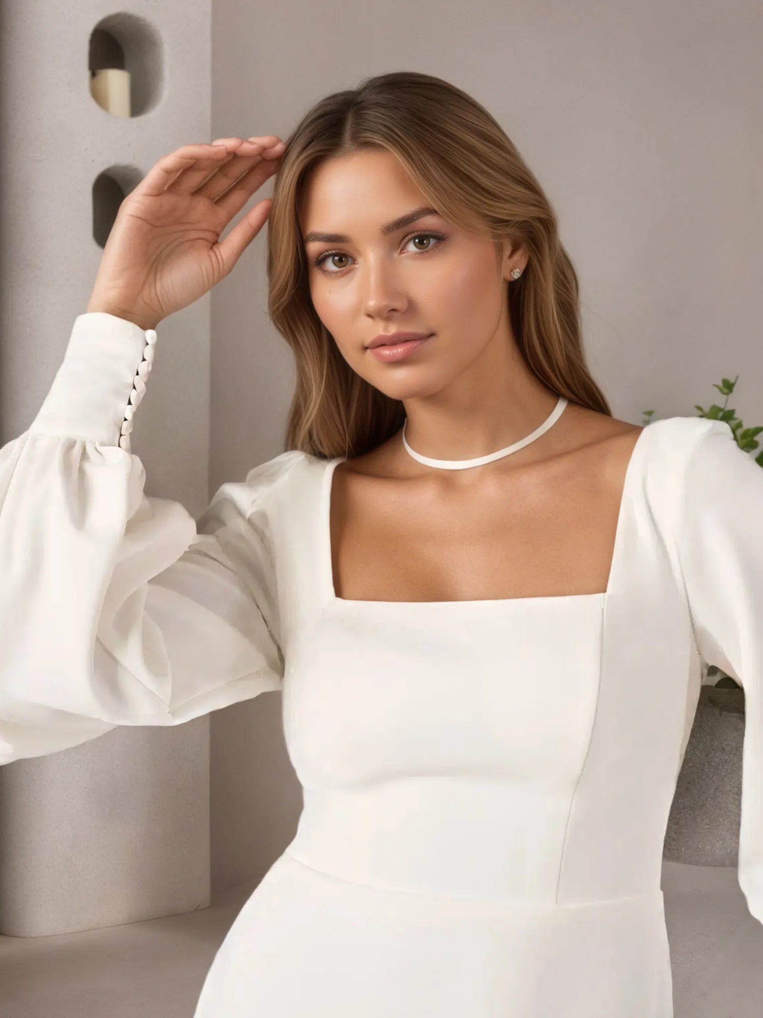 White Sheath Square Neckline Stretch Crepe Wedding Dress