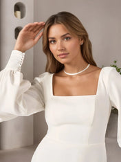 White Sheath Square Neckline Stretch Crepe Wedding Dress