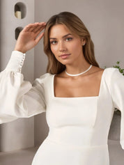 White Sheath Square Neckline Stretch Crepe Wedding Dress