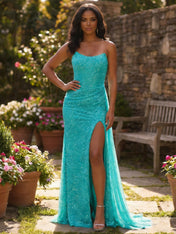 Turquoise Strapless Sequined Long Prom Dress with High Slit