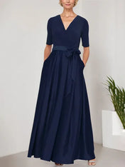 Surplice Neckline Ballgown with Full Satin Skirt & Jersey Bodice