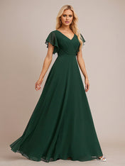 Dark Green A Line Chiffon V Neck Floor Length Bridesmaid Dress With Ruffle
