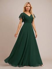 Dark Green A Line Chiffon V Neck Floor Length Bridesmaid Dress With Ruffle