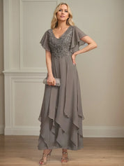 A Line V Neck Short Sleeve Chiffon Mother of the Bride Dress With Ruffles