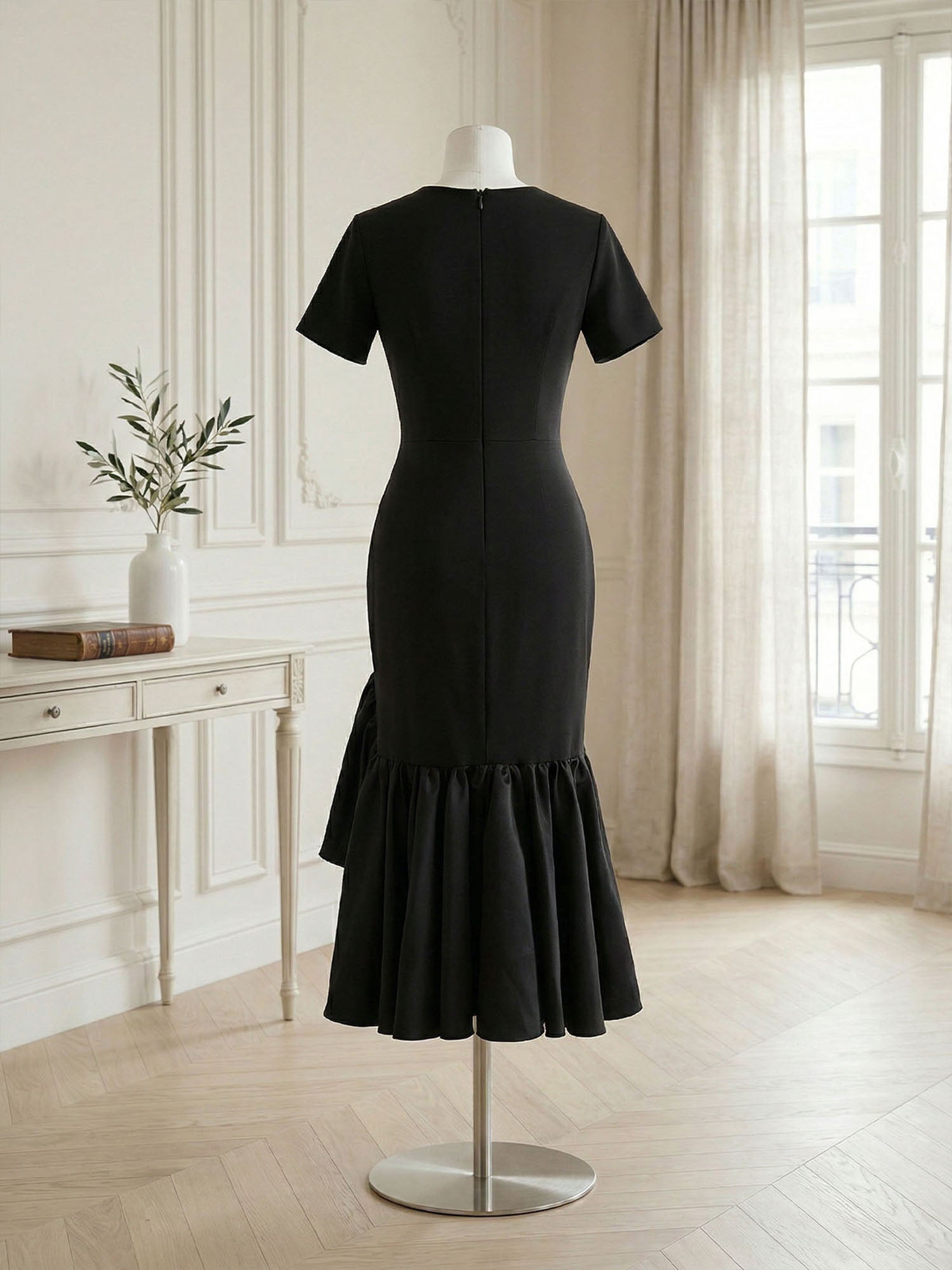 Evening Foraml Gown Avant-Garde Black Short-Sleeve Tiered Ruffle Midi Dress