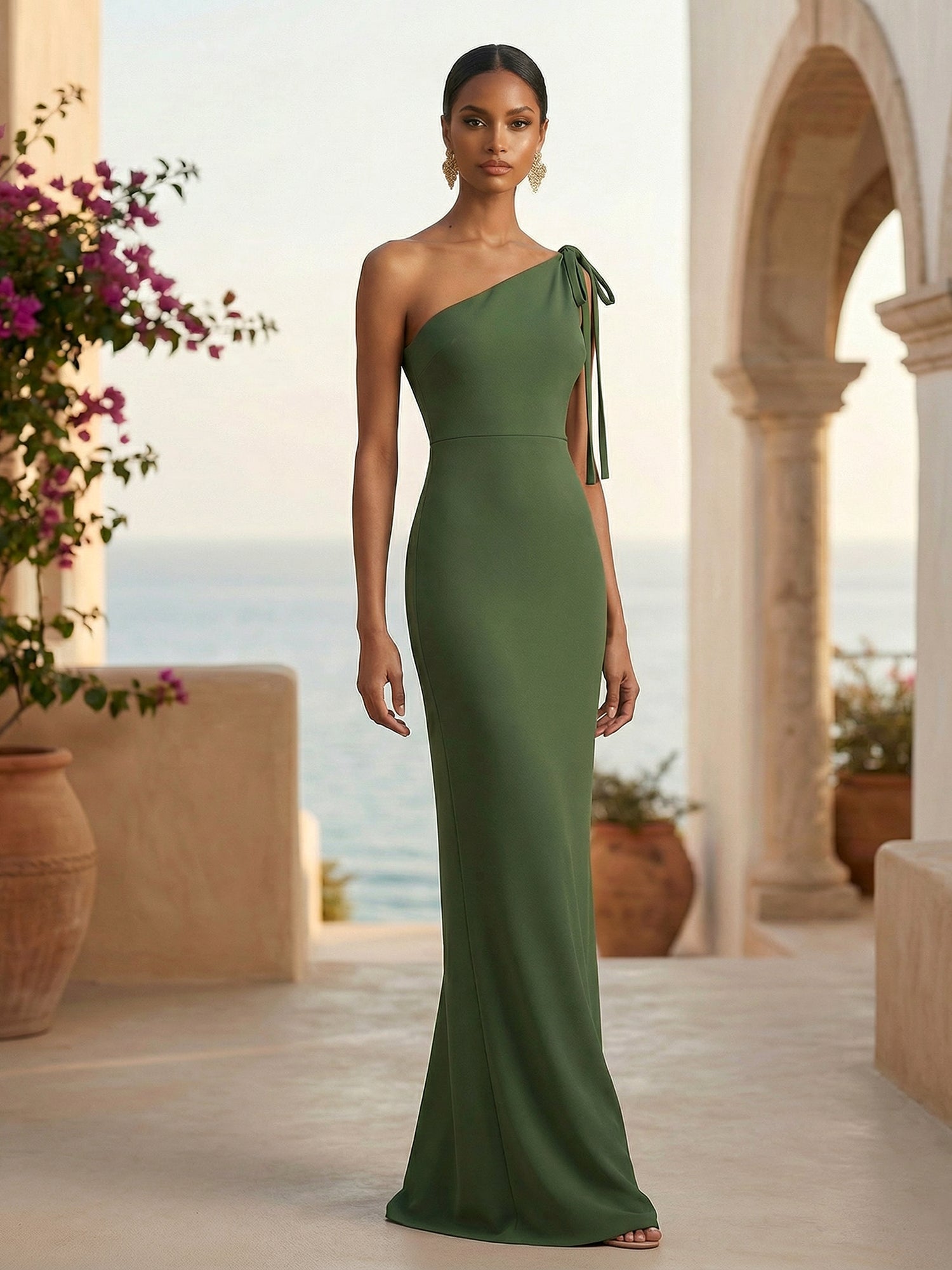 Green One Shoulder Maxi Dresses Mermaid Evening Dress