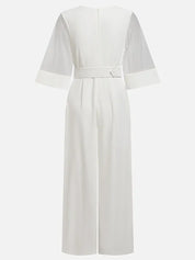 White Mesh V Neck Half Sleeve Plain Wide-Leg Jumpsuit With Belt