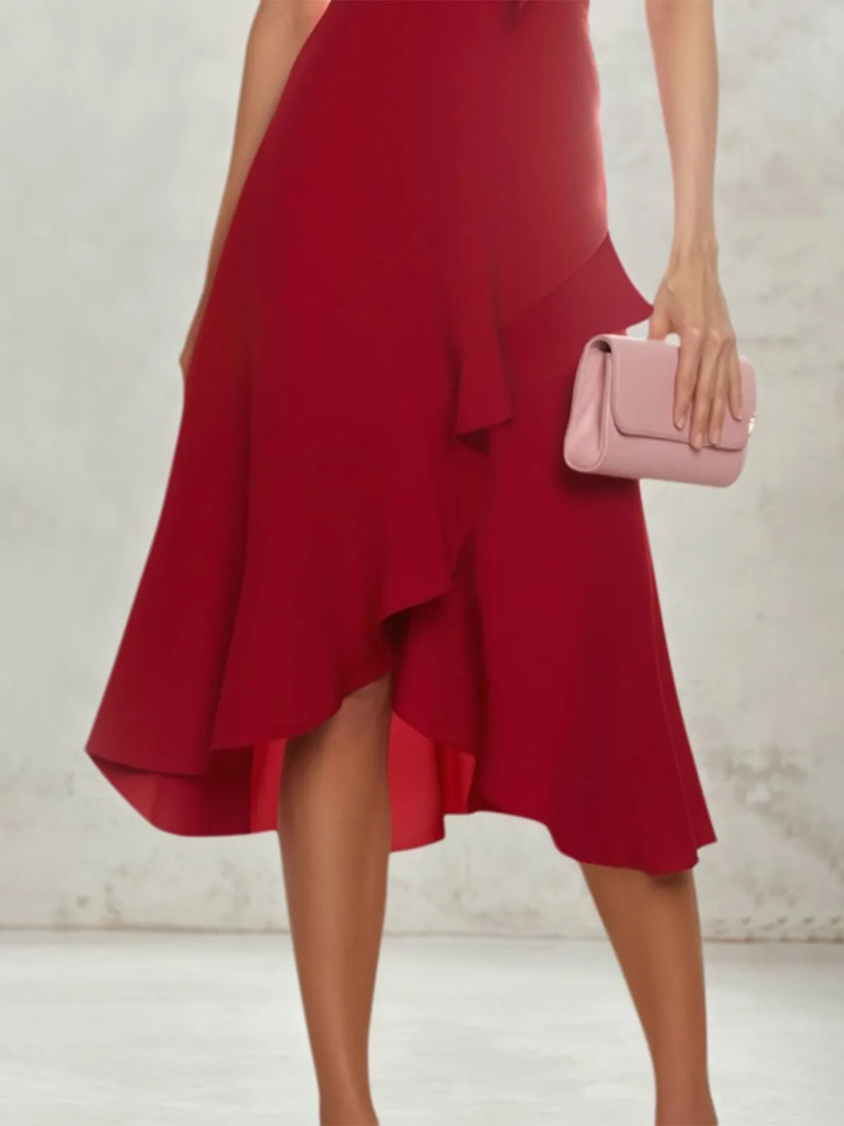 Cocktail Party Wrap Burgundy High Neck Ruffle Midi Dress