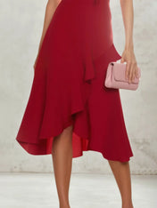 Cocktail Party Wrap Burgundy High Neck Ruffle Midi Dress