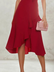 Cocktail Party Wrap Burgundy High Neck Ruffle Midi Dress