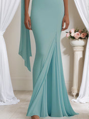 Formal Evening Dress Light Blue One Shoulder Draped Slit Floor Dress