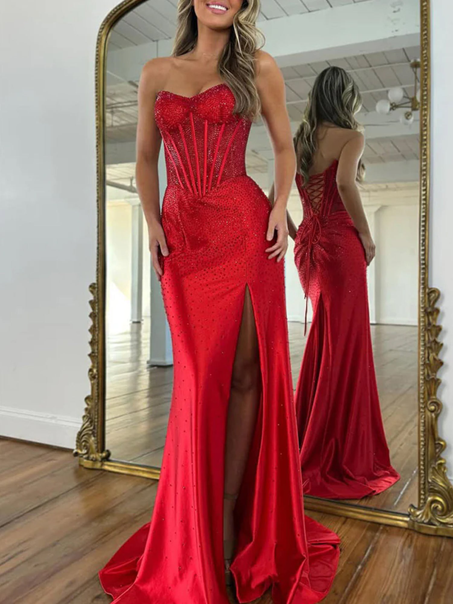 Red Mermaid Strapless Corset Beaded Prom Dress with Slit