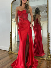 Red Mermaid Strapless Corset Beaded Prom Dress with Slit