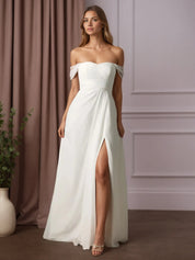 White A-Line Off the Shoulder Chiffon Wedding Dress