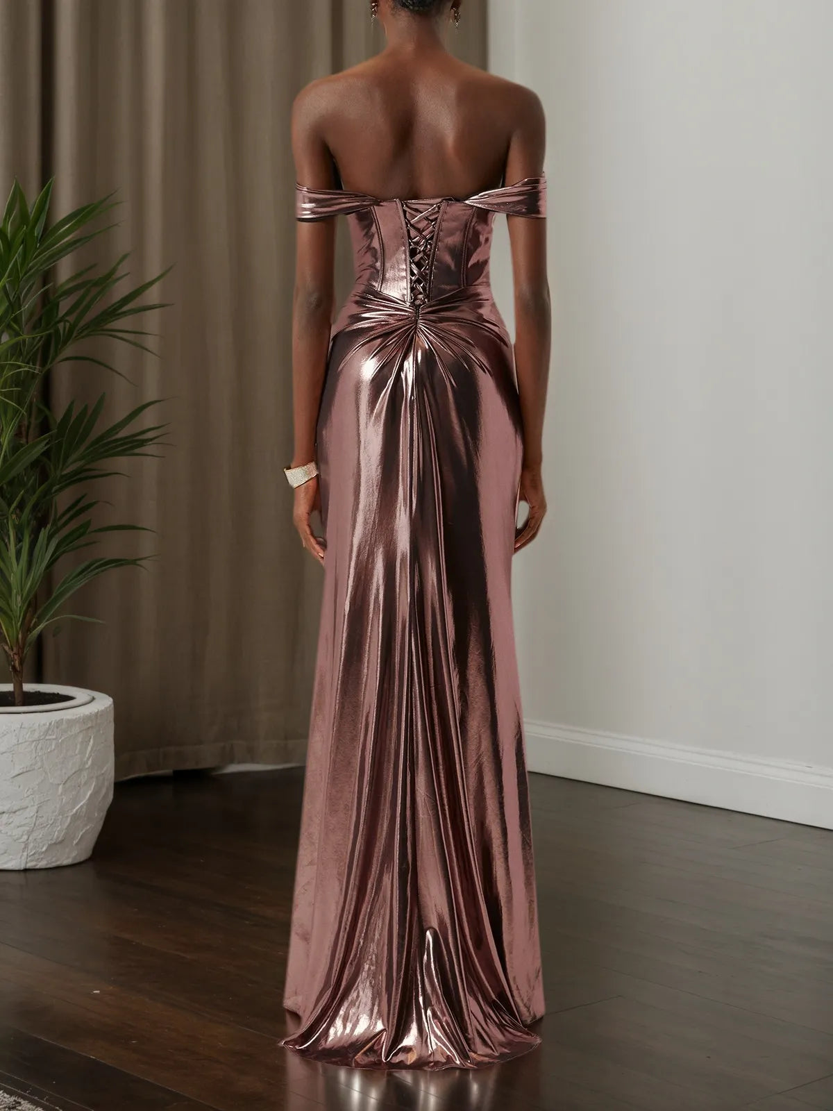 Dark Rose Glod Metallic Ruched Satin Off The Shoulder Sleeveless Sheath Corset Maxi Dress