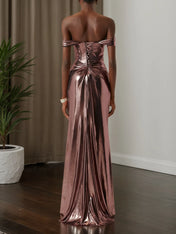 Dark Rose Glod Metallic Ruched Satin Off The Shoulder Sleeveless Sheath Corset Maxi Dress