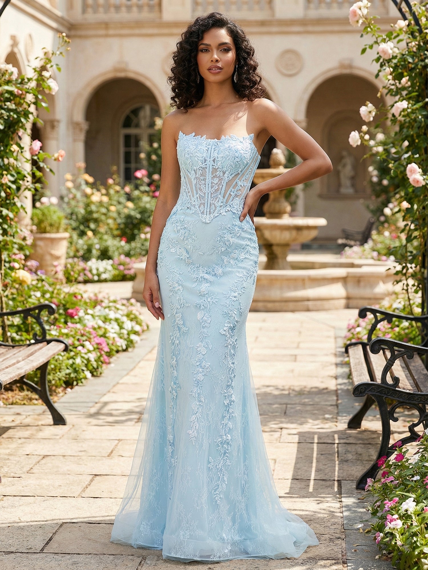 Ethereal Light Blue Strapless Corset Prom Dress with Floral Lace