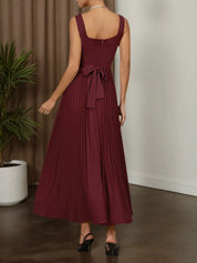 Wine Red Pleated Classic Square Neck Sleeveless A-Line Maxi Dress