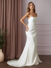 White Mermaid Pleated Stretch Satin Wedding Dress