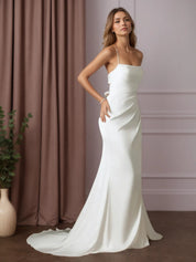 White Mermaid Pleated Stretch Satin Wedding Dress