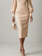 Apricot Applique Floral Classic Crew Neck Long Sleeve Balloon Sleeve Sheath Midi Dress